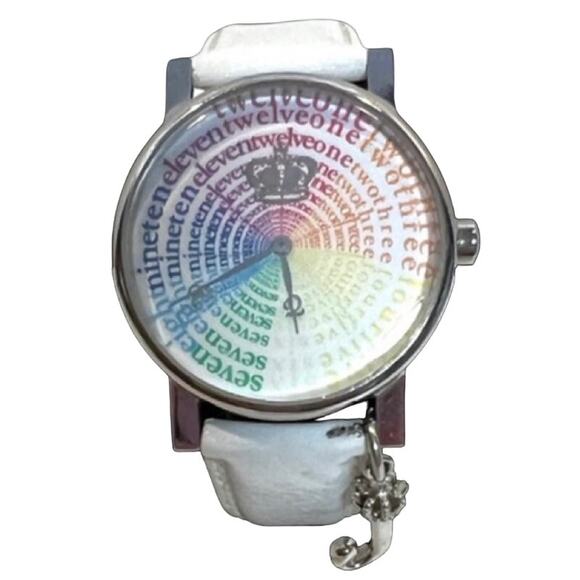 Juicy Couture Watch Rainbow Number Face Silver J Charm White Leather Strap - Picture 2 of 11